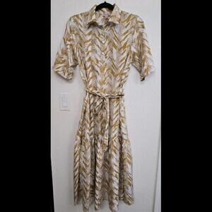 Falling Flowers Women's Dress Boho Golden Beige Size S  Waist Tie Chevron